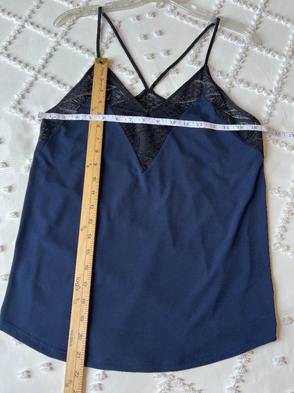 Express Navy Blue Cami Top Black Lace Trim V-Neck Spaghetti Strap SIZE MEDIUM - Picture 11 of 16